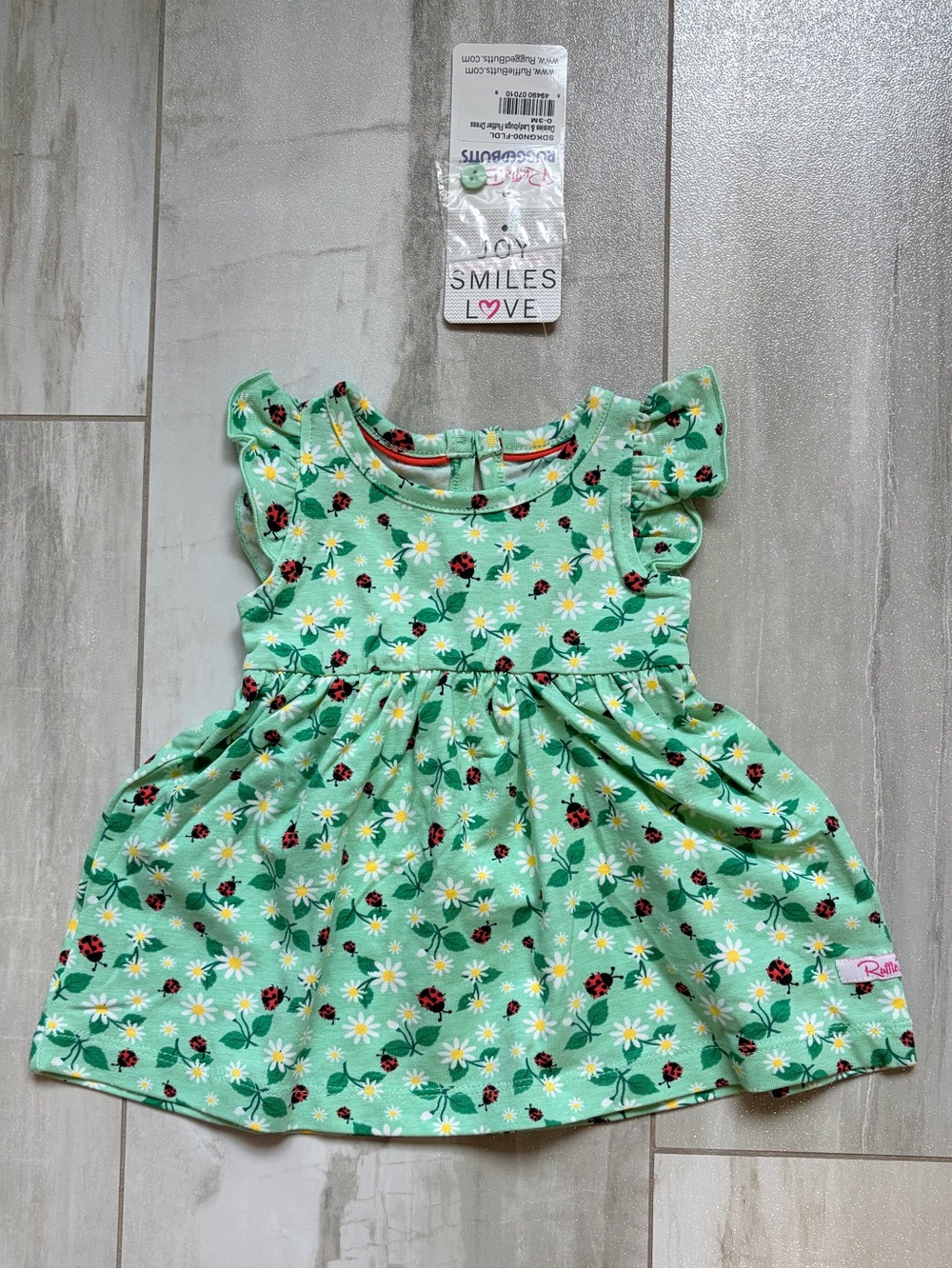 NWT RuffleButts Mint Green Ladybugs & Daisy Print Flutter Dress Baby Girls 3-6M